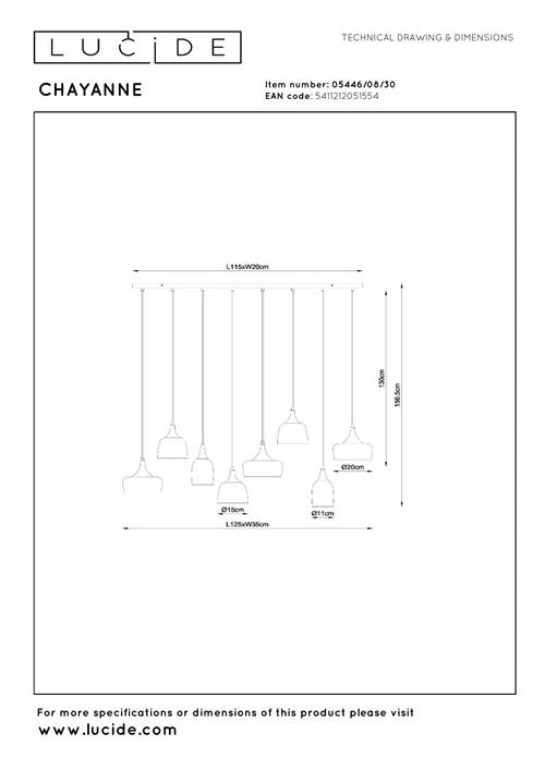 Lucide CHAYANNE - Hanglamp - 8xE14 - Zwart - technisch